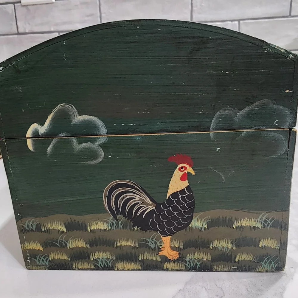 Vintage Hand Painted Folk Art Wooden Box Rooster Farmhouse Primitive Decor